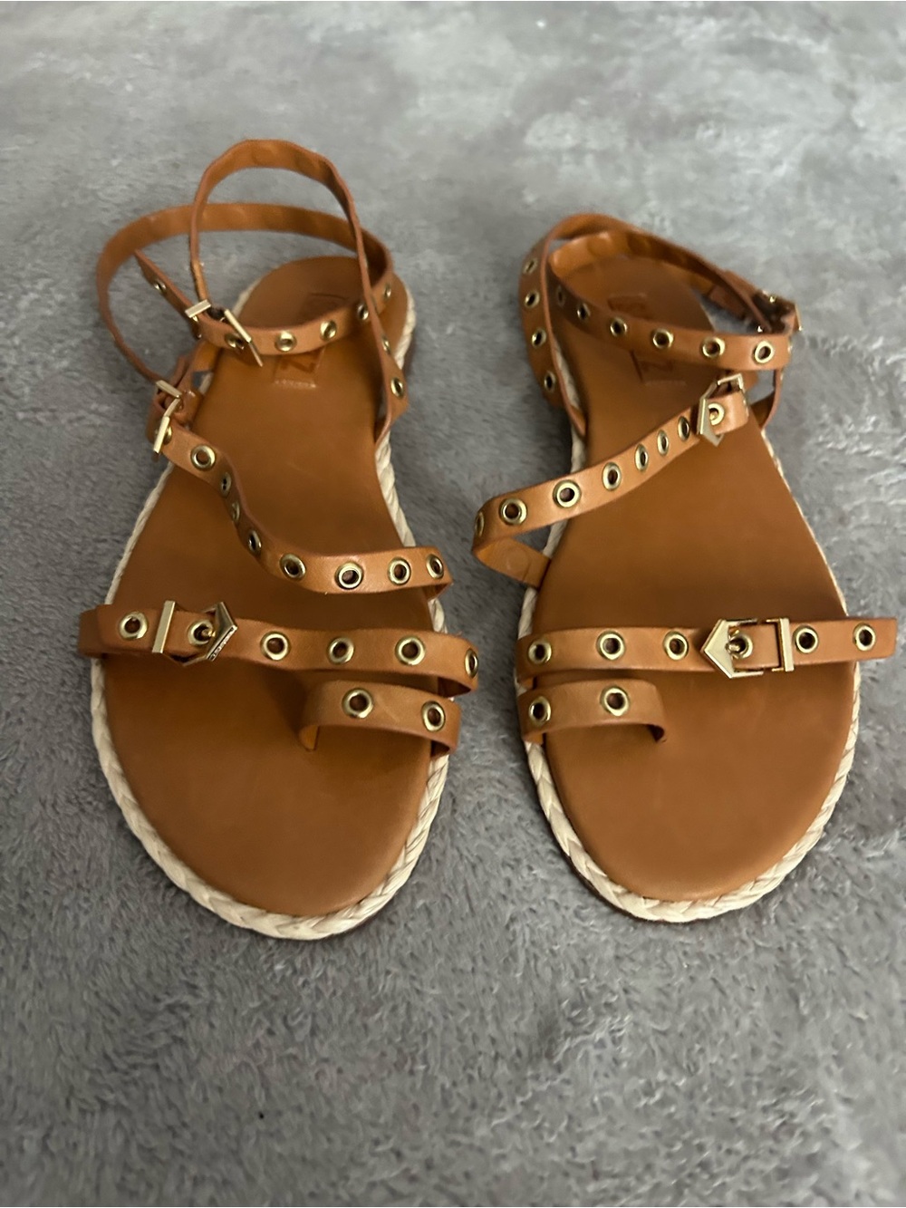 SCHUTZ Cognac Leather Grommet Strappy Espadrille Sandals - Picture 2 of 6